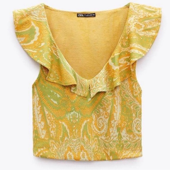 Zara Tops - ZARA Rare Yellow Green Paisley Ruffle Crop Top Size L NWT Sleeveless Boho Chic